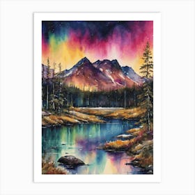 The Northern Lights - Aurora Borealis Rainbow Winter Snow Scene of Lapland Iceland Finland Norway Sweden Forest Lake Watercolor Beautiful Celestial Artwork for Home Gallery Wall Magical Etheral Dreamy Traditional Christmas Greeting Card Painting of Heavenly Fairylights 12 Art Print