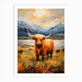 Brushstroke Painting Style Of Highland Cows In The Long Grass Art Print