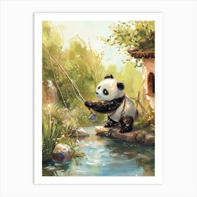 Giant Panda Fishing In A Stream Storybook Illustration 4 Art Print