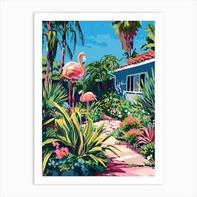 Retro Flamingoes In A Garden 4 Art Print
