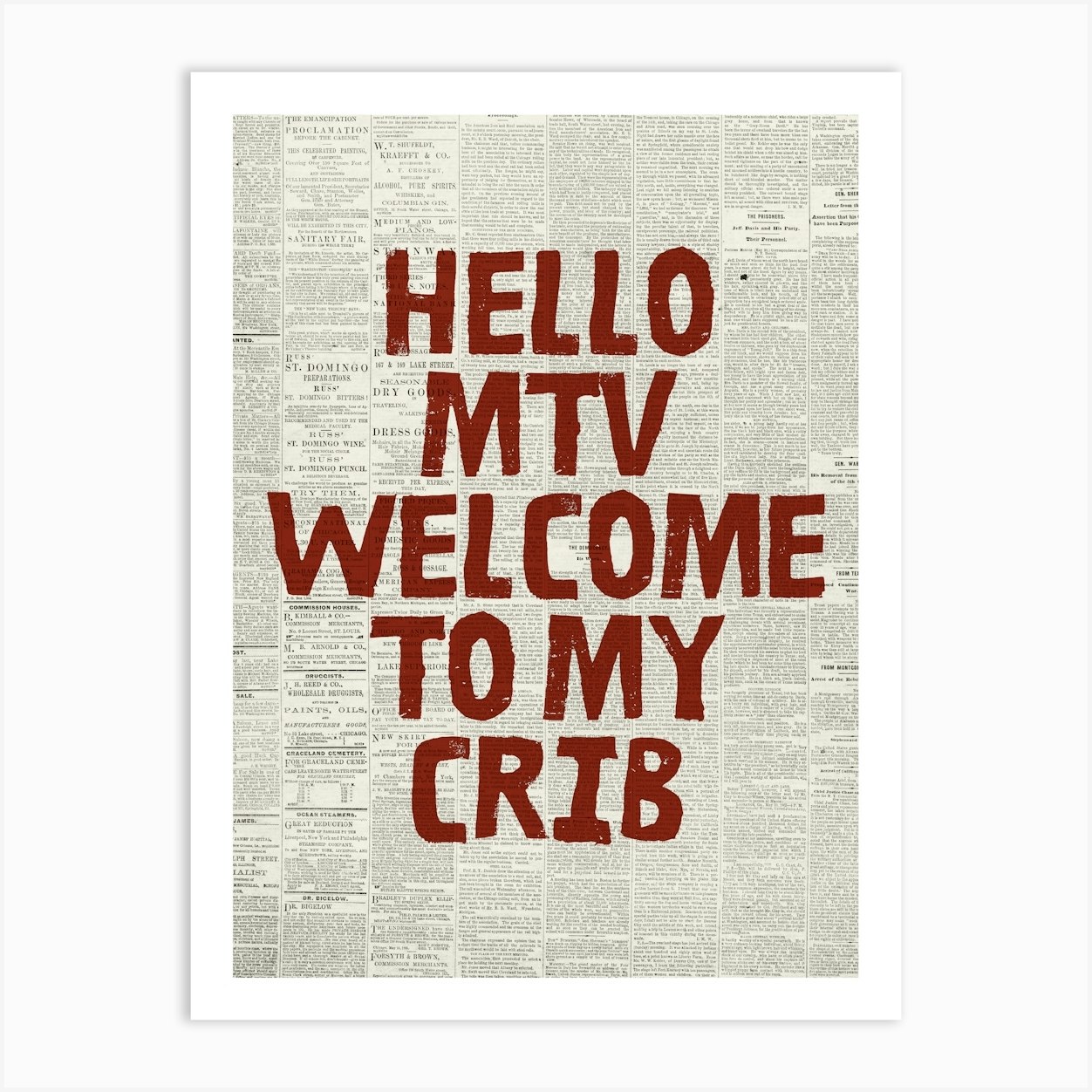 Hello MTV Welcome To My Crib Newspaper Print Red Retro Wall Art Funky Living Room Decor Art Print by StudioAlfi