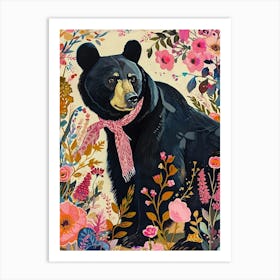 Floral Animal Painting Black Bear 3 Art Print