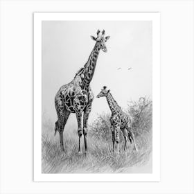 Giraffe & Calf Pencil Portrait  1 Art Print