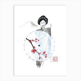 Geisha Nude Behind Umbrella Art Print