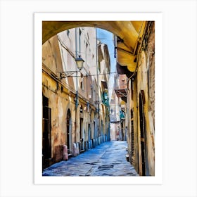 Pisa Hidden Alleyway Charm. A picturesque narrow alleyway in an Italian historic center, framed by an arched passageway. Warm tones and intricate architectural details evoke the timeless charm of Italy's old towns, with laundry lines and lanterns adding life to the serene scene. Art Print