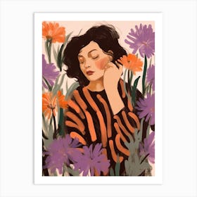 Woman With Autumnal Flowers Lavender 2 Art Print