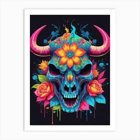 Floral Bull Skull Neon Iridescent Painting (18) Art Print