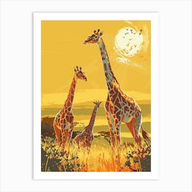 Giraffes In The Sunset Colourful Illustration 2 Art Print
