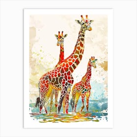 Herd Of Giraffe In The Water Watercolour 2 Art Print