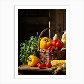 Assorted Vegetables And Fruits From A Fresh Farm Harvest Arranged In A Rustic Wicker Basket Overfl (1) Art Print