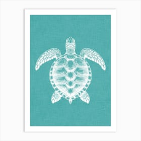 Vintage Sea Turtle Silhouette On Teal Linen Texture Art Print