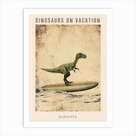 Vintage Baryonyx Dinosaur On A Surf Board 2 Poster Art Print