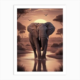 Elephant At Sunset Art Print