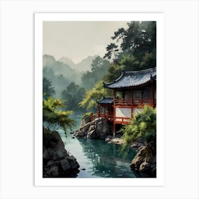 Asian House By The River Art Print