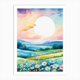 Watercolor Landscape With Daisies Art Print