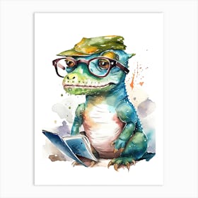 Smart Baby T Rex Dinosaur Wearing Glasses Watercolour Illustration 3 Art Print