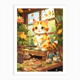 Kawaii Cat Drawings Gardening 3 Art Print