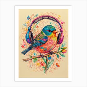 Colorful Bird With Headphones Art Print