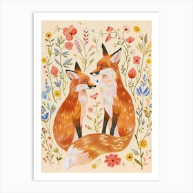 Folksy Floral Animal Drawing Fox 4 Art Print