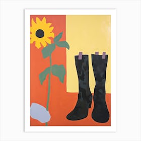A Painting Of Cowboy Boots With Sunflower Flowers, Pop Art Style 4 Art Print