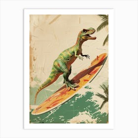 Vintage Compsognathus Dinosaur On A Surf Board 2 Art Print