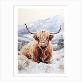 Highland Cow In The Snow Watercolour 4 Art Print