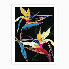 Neon Flowers On Black Bird Of Paradise 4 Art Print