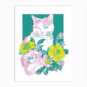 Cute Kitty Cat With Flowers Illustration 3 Art Print