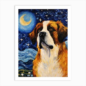 Saint Bernard Dog Starry Night Dog Portrait Art Print