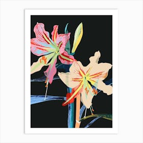 Neon Flowers On Black Amaryllis 5 Art Print