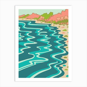 COASTLINE Coastal Beach Retro Ocean Shoreline in Turquoise Teal Blush Orange Art Print