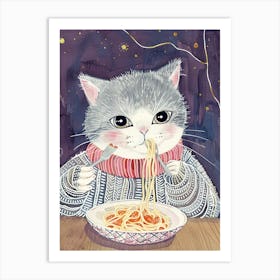 Cute Grey White Cat Eating Pasta Folk Illustration 1 Art Print
