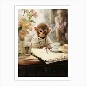 Monkey Painting Doing Calligraphy Watercolour 2 Art Print