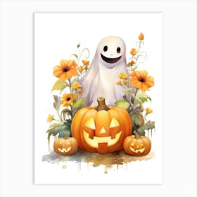 Cute Ghost With Pumpkins Halloween Watercolour 8 Art Print