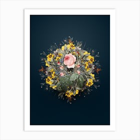 Vintage Cabbage Rose Flower Wreath on Teal Blue n.2150 Art Print