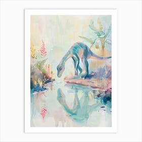 Dinosaur Drinking From A Watering Hole Watercolour Illustration 3 Art Print