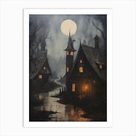 Vintage Gothic Spooky Village Oil Painting Art Print