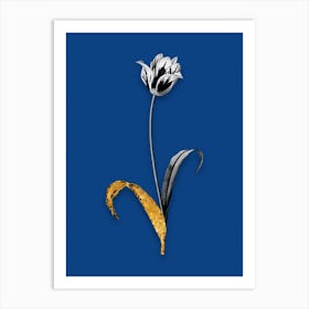 Vintage Didiers Tulip Black and White Gold Leaf Floral Art on Midnight Blue n.0923 Art Print