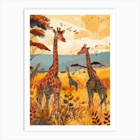 Giraffes In The Sunset Colourful Illustration 1 Art Print