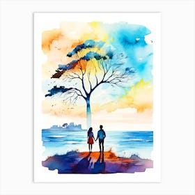 Watercolor Couple Holding Hands Under A Tree Art Print