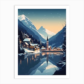 Winter Travel Night Illustration Hallstatt Austria 2 Art Print