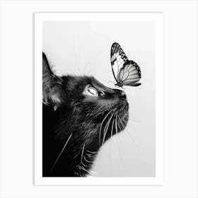 Black And White Cat With Butterfly Art Print