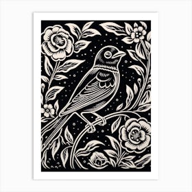 B&W Bird Linocut Finch 1 Art Print