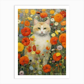 Flower Garden And A White Cat, Inspired By Klimt 3 Art Print