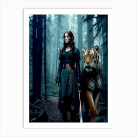 Medieval Warrior Girl With Tiger In The Forest Art Print