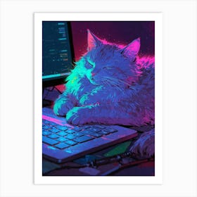 Cat Sleeping In Front Of Computer Art Print