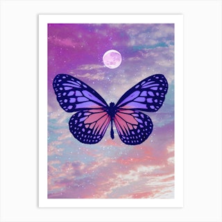 Moody Butterfly Moon Collage Art Print