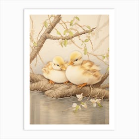 Ducklings Resting On A Tree Branch Japanese Woodblock Style 1 Art Print