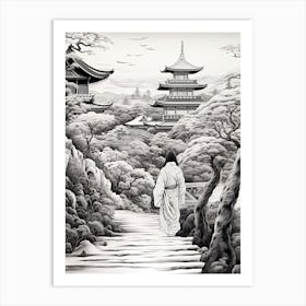 Tokyo In Japan, Ukiyo E Black And White Line Art Drawing 2 Art Print