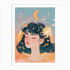 Girl With Moon And Stars 1 Art Print